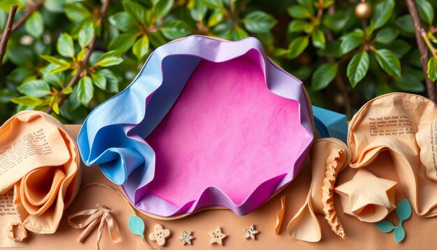 Photo colorful fabric shapes with green foliage in the background