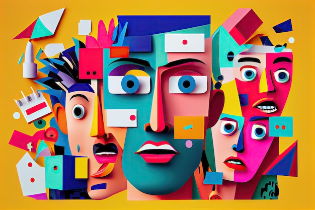 Colorful face collage illustration with cheeky and playful expressions