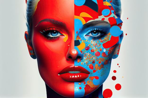 Colorful face collage illustration with red lips and blue eyes