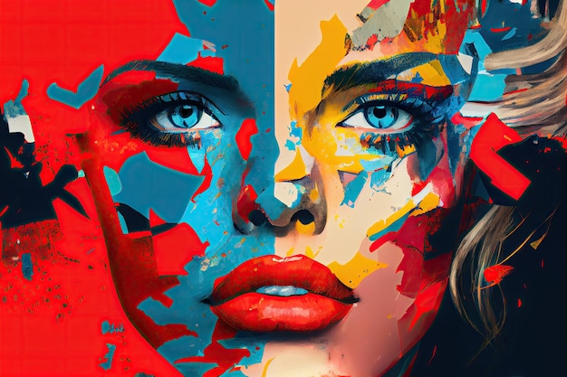 Colorful face collage illustration with red lips and blue eyes