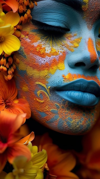 Colorful Face with Floral Designs A Captivating Closeup