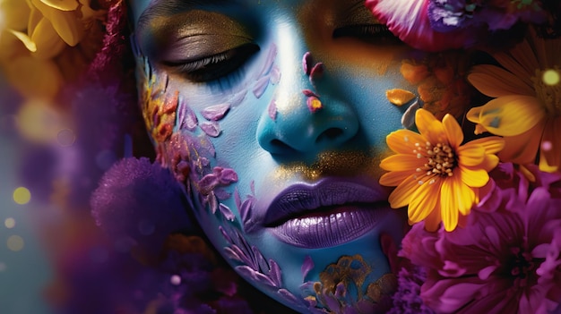 Colorful Face with Floral Designs A Captivating Closeup