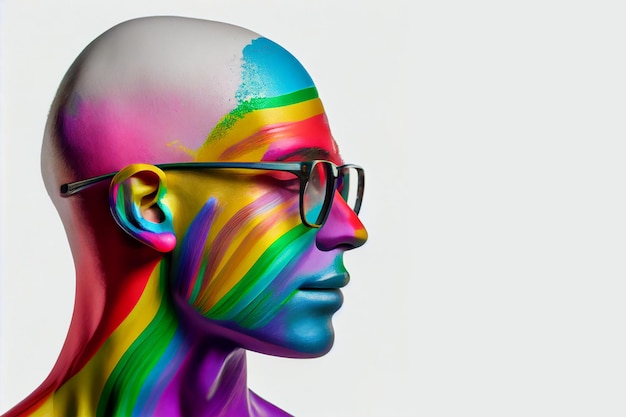 A colorful face with glasses and rainbow colored paint on the face