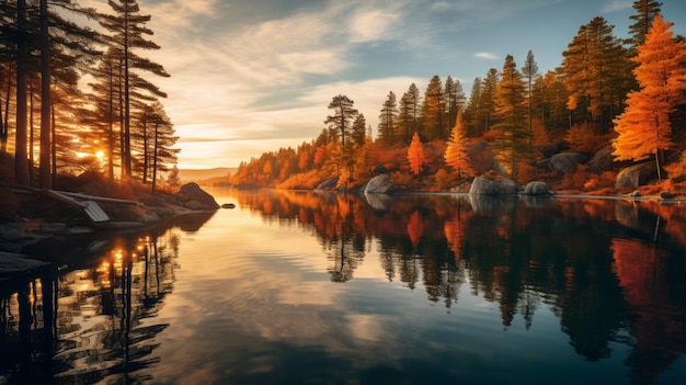 Colorful Fall Forest And Lake In California A Captivating Cabincore Landscape