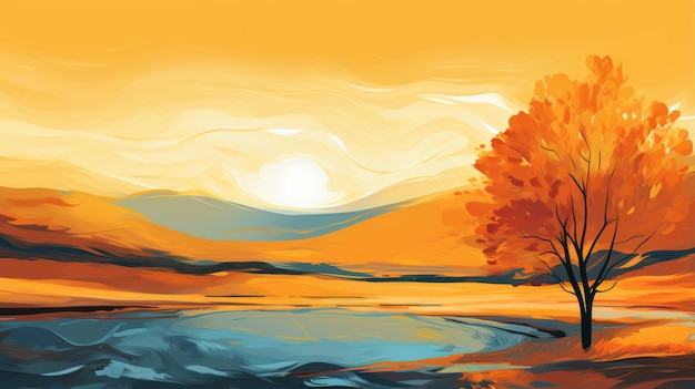 Colorful Fall Landscape Abstract Wallpaper With Tree And Lake