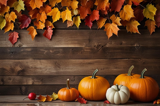 Colorful Fall Landscape and Pumpkins on Rustic Background