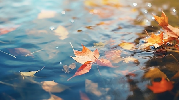 Colorful Fall Leaves Floating in Pond Lake Water