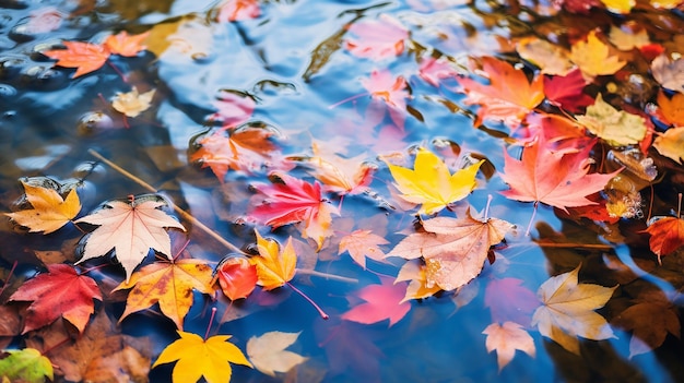 Colorful Fall Leaves Floating in Pond Lake Water