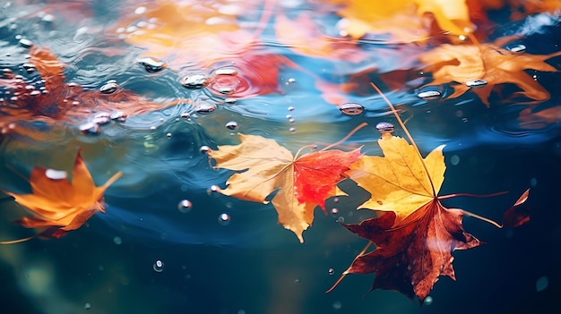 Colorful Fall Leaves Floating in Pond Lake Water