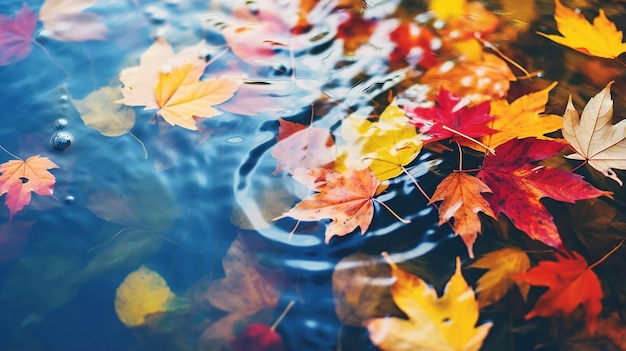 Colorful Fall Leaves Floating in Pond Lake Water