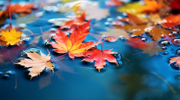 Colorful Fall Leaves Floating in Pond Lake Water