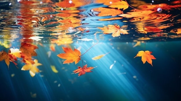 Colorful Fall Leaves Floating in Pond Lake Water