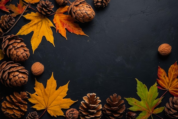 Colorful fall leaves nuts and pine cones Corner border over a rustic dark banner background