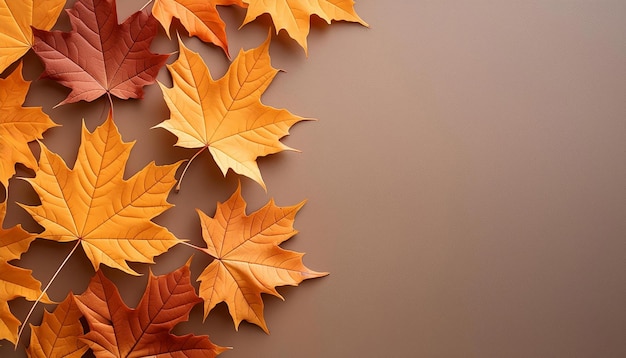 Colorful fall leaves nuts pumpkin and pine cones Corner border over a rustic banner background