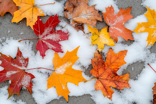 Colorful fall leaves on a snowy ground top view