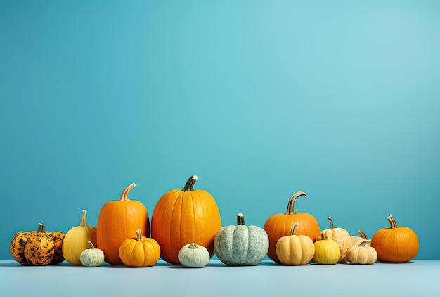 colorful fall pumpkins and squash on blue background