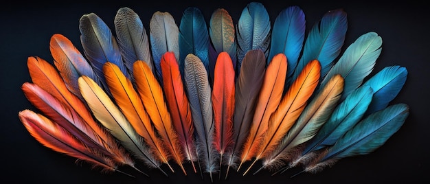 Photo a colorful fan of vibrant bird feathers on a black background