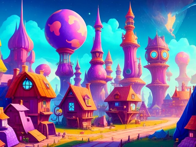 Photo colorful fantasy futuristic village background