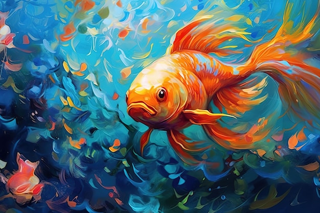 Colorful fantasy underwater world with beautiful fishes Oil painting in an abstract style Generative AI