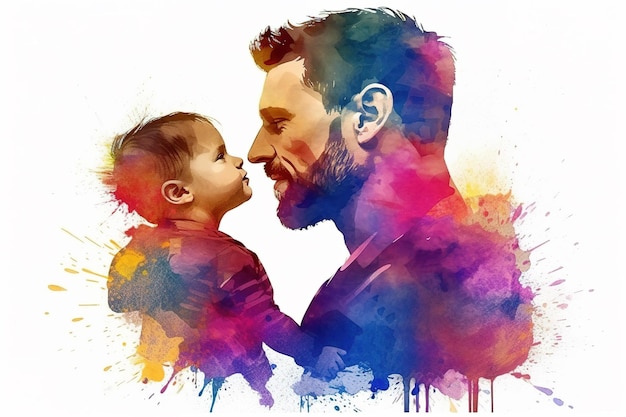 Colorful Father's Day illustration of kid holding father's hand with generative AI technology