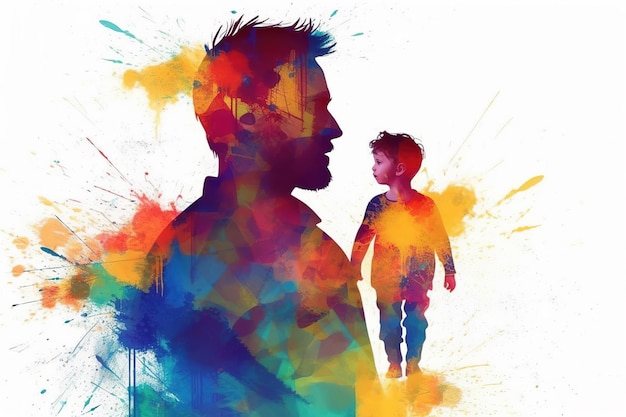 Colorful Father's Day illustration of kid holding father's hand with generative AI technology