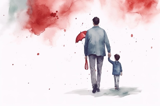 Colorful Father's Day illustration of kid holding father's hand with generative AI technology