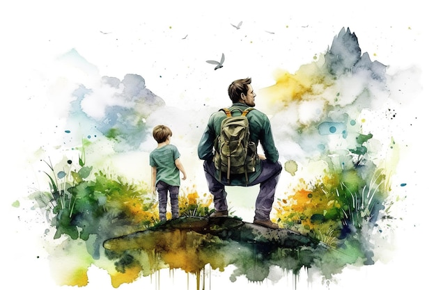 Colorful Father's Day illustration of kid holding father's hand with generative AI technology