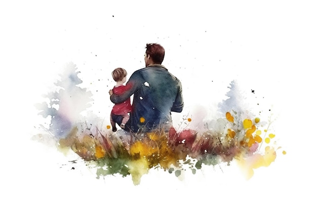 Colorful Father's Day illustration of kid holding father's hand with generative AI technology