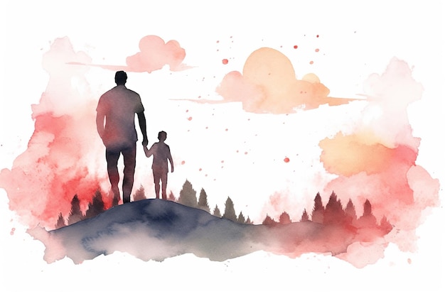 Colorful Father's Day illustration of kid holding father's hand with generative AI technology