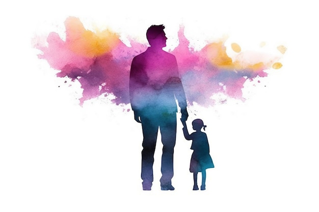 Colorful Father's Day illustration of kid holding father's hand with generative AI technology