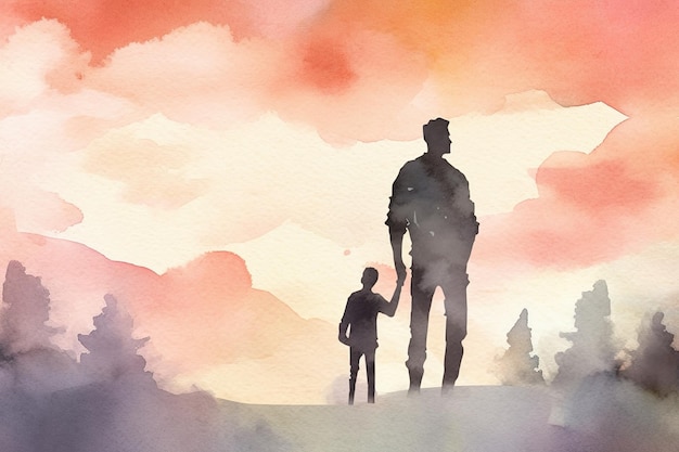 Colorful Father's Day illustration of kid holding father's hand with generative AI technology