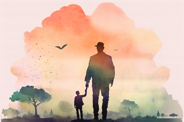 Colorful Father's Day illustration of kid holding father's hand with generative AI technology