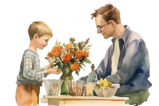 Colorful Father's Day illustration of kid holding father's hand with generative AI technology