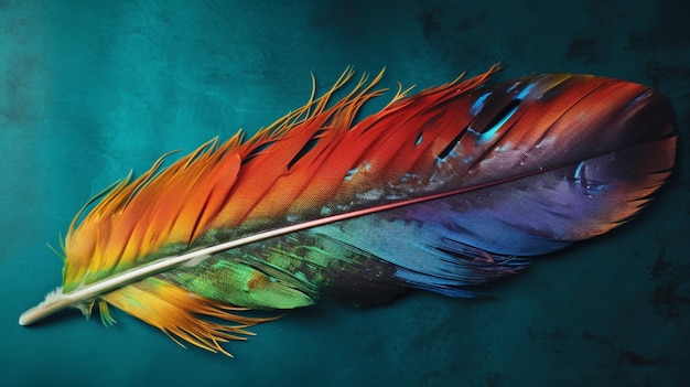 A colorful feather on a blue background