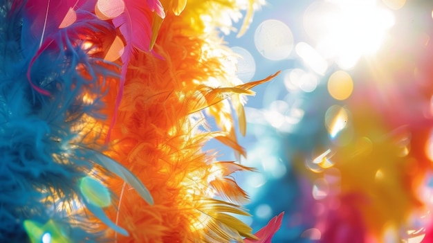 A colorful feather boa twirling in the sunlight creating a playful display