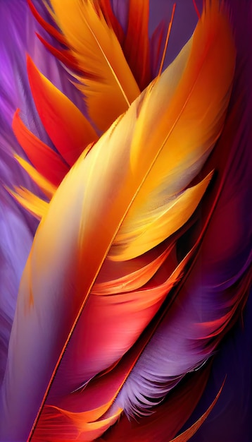 A colorful feather that is yellow and orange