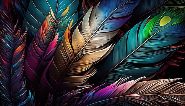 A colorful feather wallpaper with a dark background and a blue background with a white border.