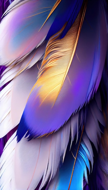 A colorful feather with gold and blue colors