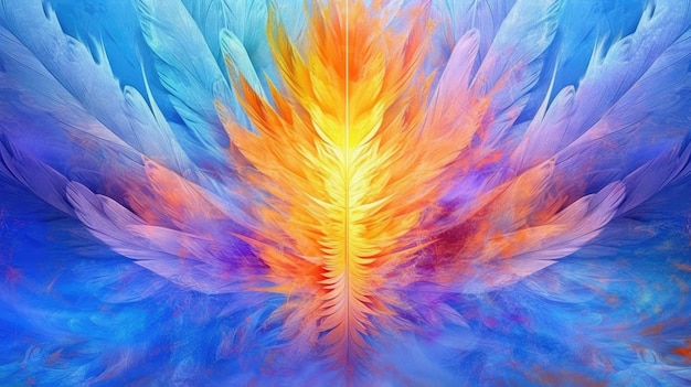 A colorful feather with yellow and blue feathers.