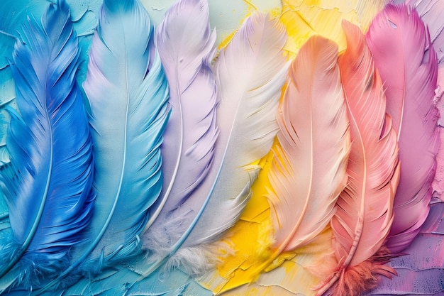 Colorful feathers arrangement on textured background