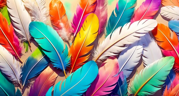 Colorful Feathers on Beige Background