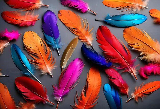 Colorful Feathers on Neutral Grey Background