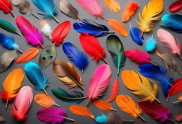 Photo colorful feathers on neutral grey background