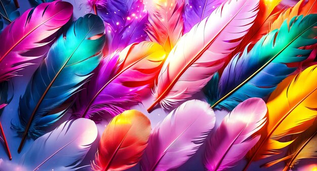 Photo colorful feathers on purple background