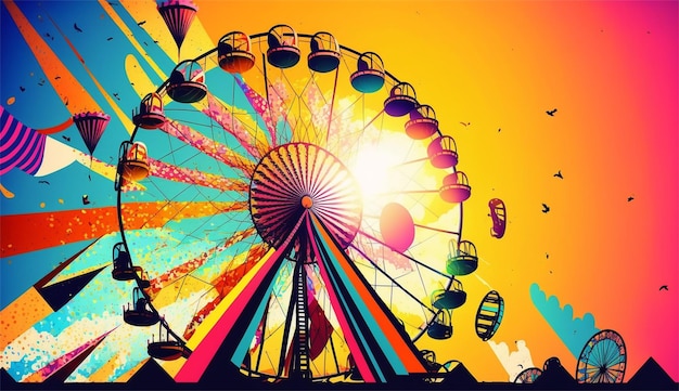 A colorful ferris wheel with a sign that says'fair'on it