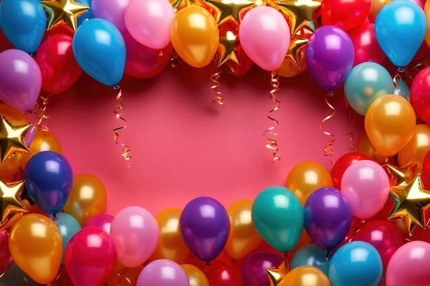 Colorful festive background frame made of colorful balloons and gold stars