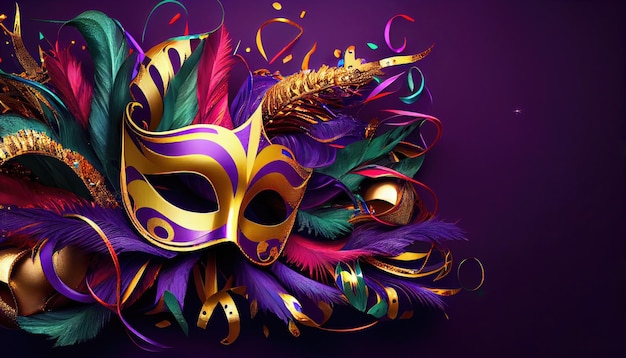 Colorful festive Grouping of mardi gras venetian carnivale mask feathers beads Party design banner