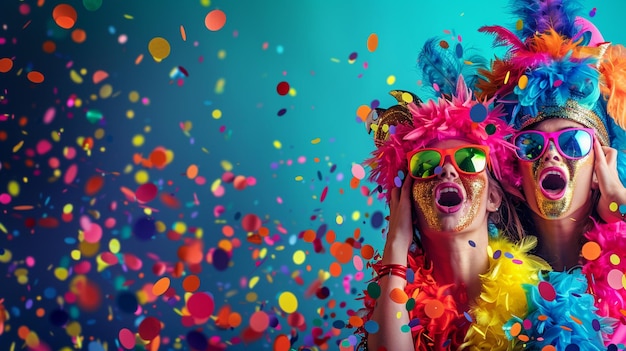 Colorful Festive Party with Elegant Fancy Dress People Standing in Front of Confetti