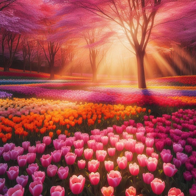 a colorful field of tulips with the sun shining through them