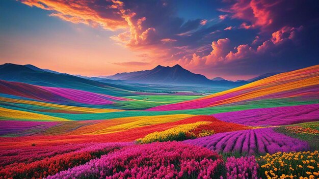 Photo colorful fields of flowers in the mountains